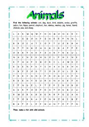 English worksheet: Animals wordsearch