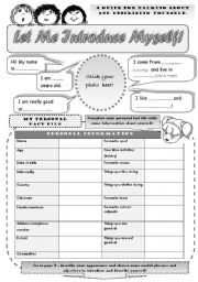 English Worksheet: LET ME INTRODUCE MYSELF! - A GUIDE FOR TALKING ABOUT AND DESCRIBING YOURSELF (2 pages)
