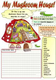 English Worksheet: MY MUSHROOM HOUSE! - THERE IS/THERE ARE WRITING PRACTICE + FURNITURE VOCABULARY  (B&W version included)