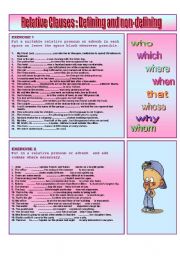 English Worksheet:  RELATIVE CLAUSES : Defining and non -defining