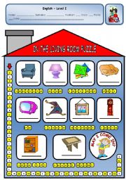 English Worksheet: IN THE LIVING ROOM PUZZLE