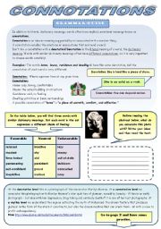 English Worksheet: CONNOTATIONS - GRAMMAR-GUIDE + 3 EXERCISES (3 pages + 3 pages of B&W version)