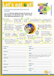 English Worksheet: Lets eat out!  - Reading + Writing + Speaking activity for Intermediate or Upper Elementary students