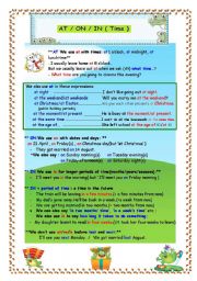English Worksheet: TIME PREPOSITIONS :  AT / ON / IN ( 2 pages )