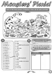 English Worksheet: MONSTERS PICNIC - FUN ACTIVITY SET  FOR UPPER-ELEMENTARY AND PRE-NTERMEDIATE STUDENTS (countable uncountable nouns, containers, some any; speaking and writing practice) + STUDENT A  and  STUDENT  B PICTURES for pair work (3pages)