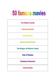 English Worksheet: 50 famous movies names for palying charade