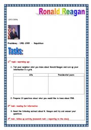 English worksheet: Ronald Reagan: American civilisation PROJECT (task-based, printer friendly version) (5 pages)