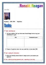 English Worksheet: Ronald Reagan: American civilisation PROJECT (task-based, printer friendly version) (5 pages)