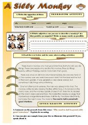 English Worksheet: A SILLY MONKEY - READING COMPREHENSION FOR  PRE-INTERMEDIATE AND INTERMEDIATE STUDENTS (with B&W virsion)