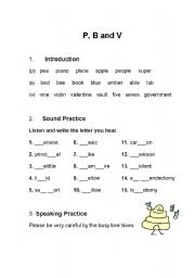 English worksheet: Phonics Practice:  P, B, and V