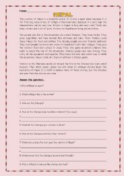English Worksheet: Reading Comprehension - NEPAL (2 pages)