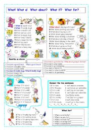 English Worksheet: uses of what, what if, what for, what about