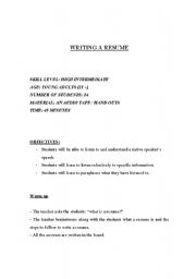 English worksheet: writing a resume