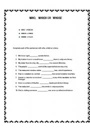 English worksheet: WHERE, WHICH OR WHO