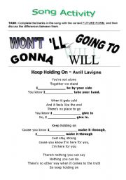 English Worksheet: Song Activity - Keep Holding On (Avril Lavigne) - Future Forms