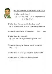 English Worksheet: Mr. Bean (heart attack video)