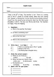 English Worksheet: ordinal numbers+meals+feelings