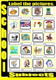 English Worksheet: School subjects labelling