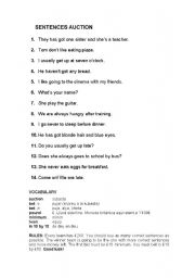 English worksheet: SENTENCES AUCTION on Simple Present