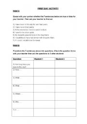 English Worksheet: True/False First Day Class Activity