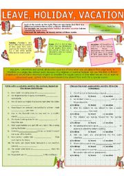 English Worksheet: COLLOCATION 15 - LEAVE, HOLIDAY, VACATION