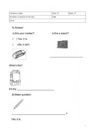 English worksheet: Test English - Portuguese ON SCHOOL OBJECTS, CLASSROOM COMANDS and COLORS