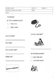 English Worksheet: Test on ADJECTIVES (round, square, long, new, old), WEATHER, ABILITIES, THERE IS, THERE ARE