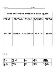 English worksheet: ordinal numbers