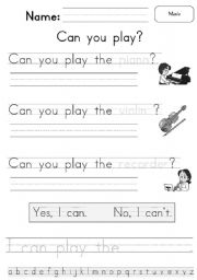 English Worksheet: Can + Musical Instruments (Challenging version)