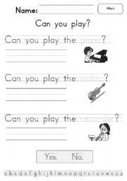 English Worksheet: Can + Musical Instruments (Easy version)