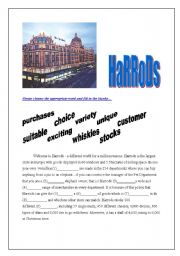 5 pages -A reading passage about Harrods with questions + fill in the blanks section [vocabulary practice ]