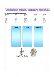 English worksheet: vocabulary: colours, verbs and adjectives