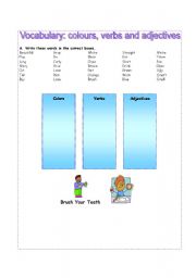 English Worksheet: vocabulary: colours, verbs and adjectives