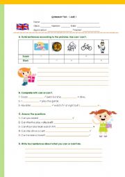 English Worksheet: Grammar Test: Can/ Cant