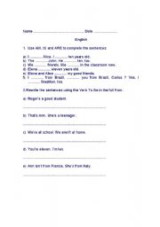 English worksheet: verb to be