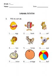 English worksheet: Articles (a - an) 