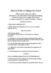 English worksheet: How to write a Critique of a Novel