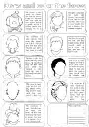 English Worksheet: DRAW AND COLOR THE FACES. (practice on colors, parts of the face, adjectives and structure �have/has got�)