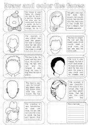 English Worksheet: DRAW AND COLOR THE FACES. (practice on colors, parts of the face, adjectives and structure have/has got)