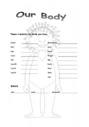English worksheet: test how much they remember - body parts