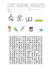 English Worksheet: School objects Word hunt
