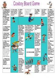 English Worksheet: Cowboy Board Game and Quiz
