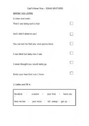 English worksheet: CANT HAVE YOU - JONAS BROTHERS SONG - WORKSHEET