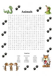 English Worksheet: Animal Wordsearch