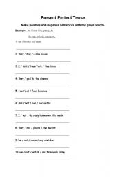 English worksheet: Present Perfect Tense Positive and Negative Sentences