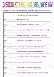 English Worksheet: questions with who, what, when, where, which, how