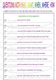 English Worksheet: questions with who, what, when, where, which, how