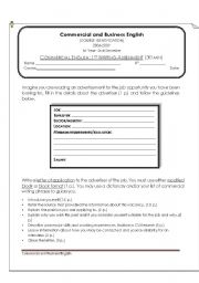 English Worksheet: Commercial Writing Assessment: Letter of Aplication