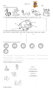 English Worksheet: animals, the time and daily routine