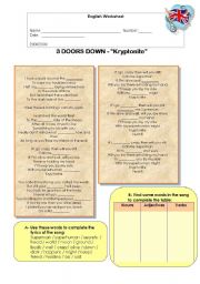 English Worksheet: Song: Kryptonite by 3Doors Down